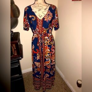Beautiful paisley print,navy,rust and gold retro maxi with drawstring.